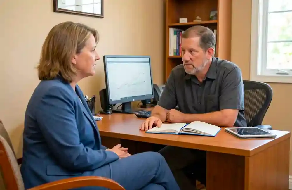 Make It Loud consultant reviewing marketing performance with a client at the office