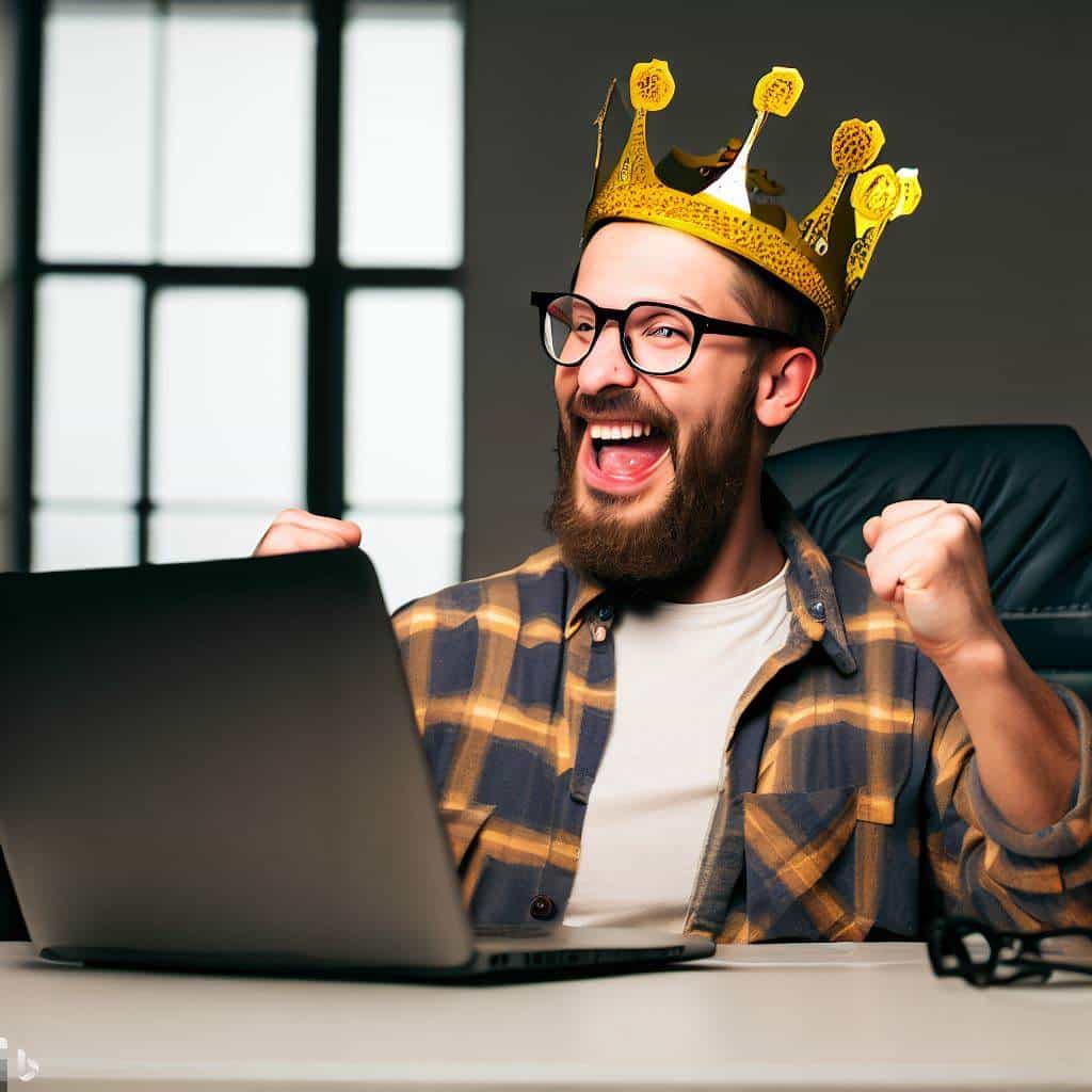 Man with gold crown celebrates success with fists raised at desk; laptop open. Digital marketing victory concept.