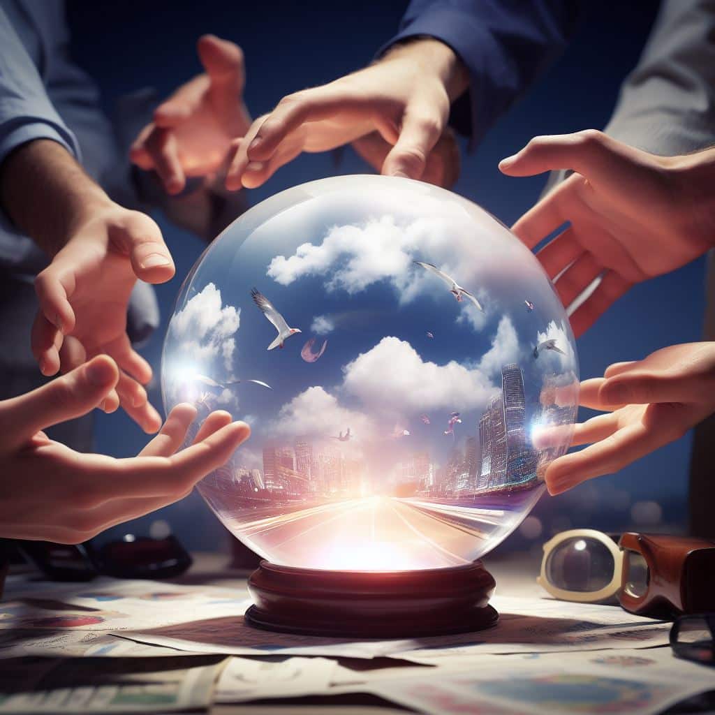 Crystal ball showing a futuristic cityscape with glowing road, surrounded by hands, symbolizing digital marketing vision at Make It Loud.