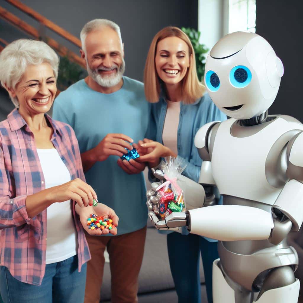 Robot with blue eyes hands candy bags to three adults in a modern living room, showcasing digital tech integration.