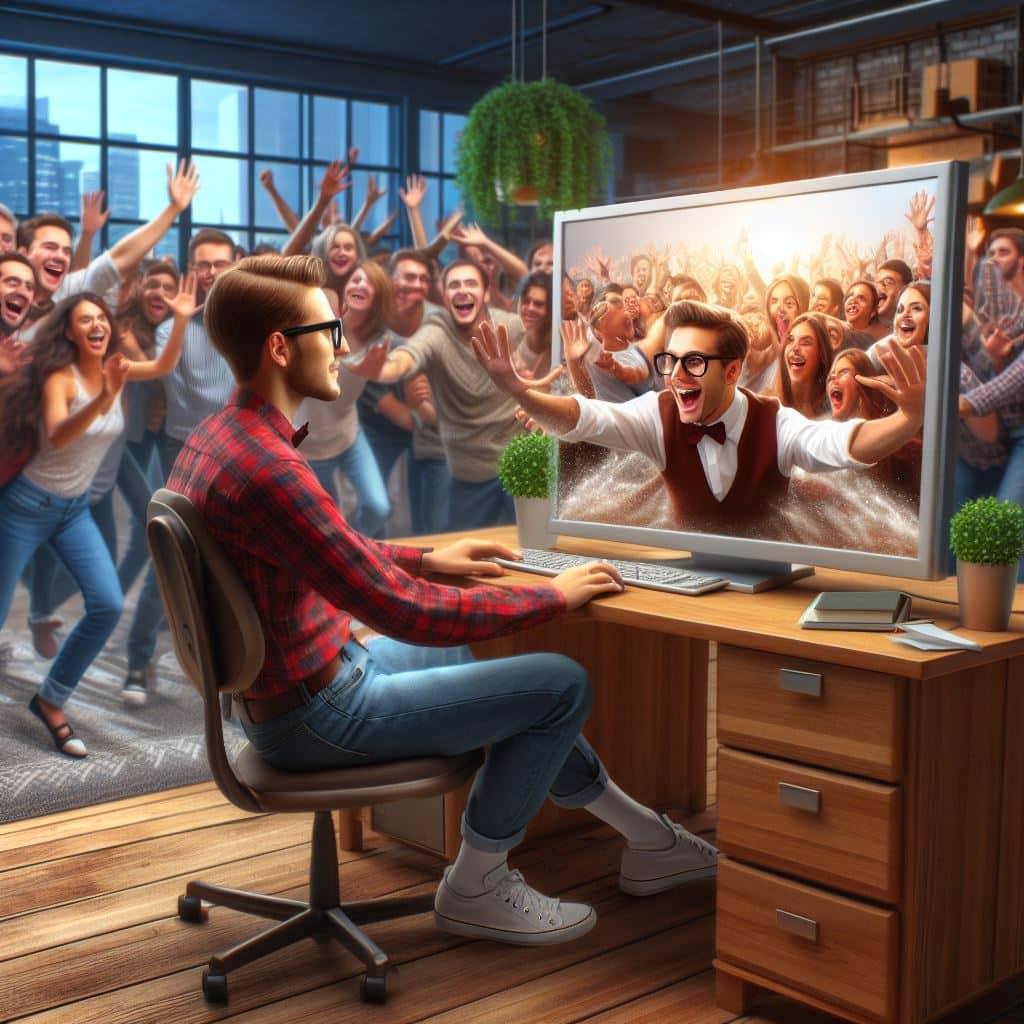 Person in plaid shirt at desk engages with crowd on screen, digital marketing strategy concept, office setting with plants.