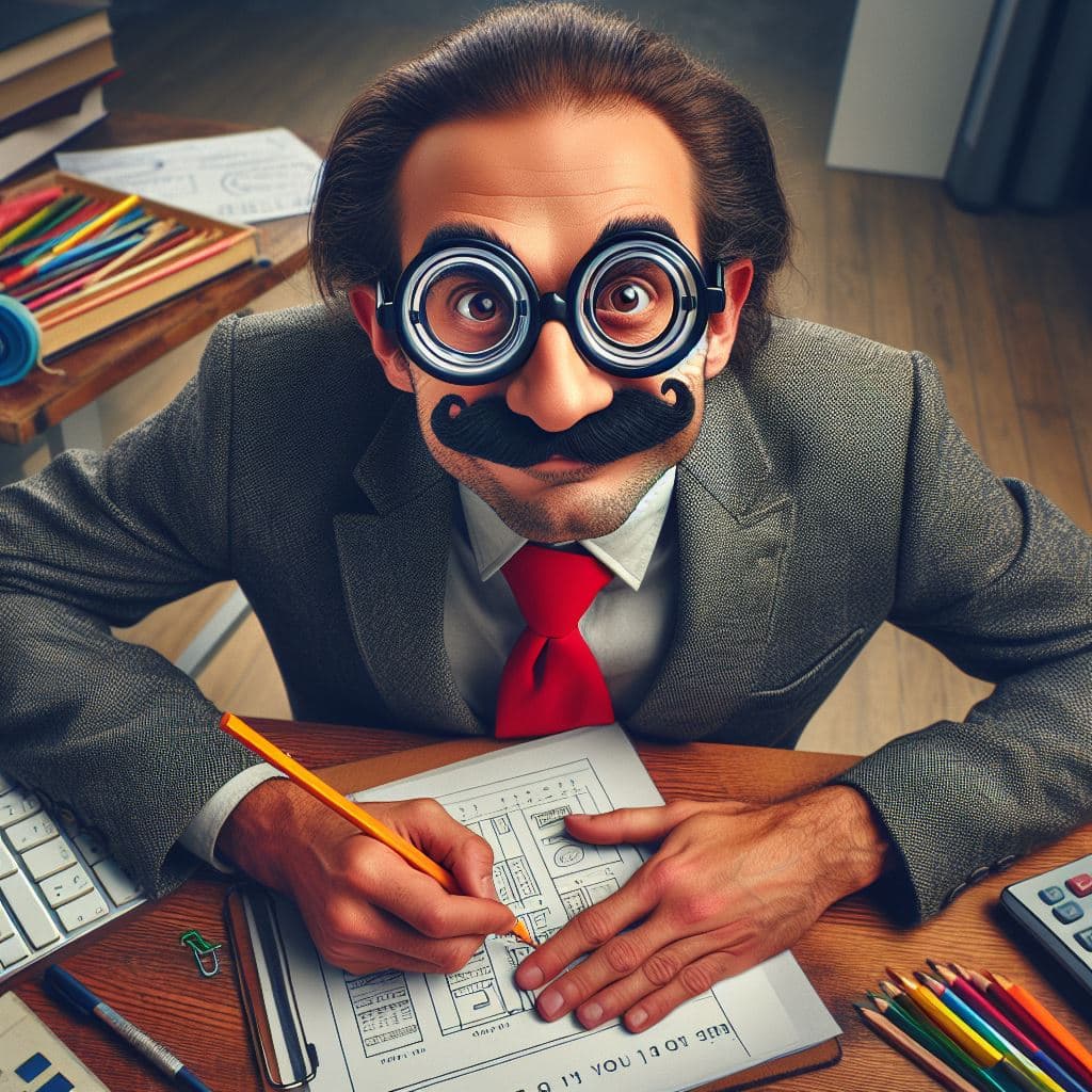 Man in gray suit and red tie working on web design sketches at wooden desk with keyboard, colored pencils, and rolled blueprints.