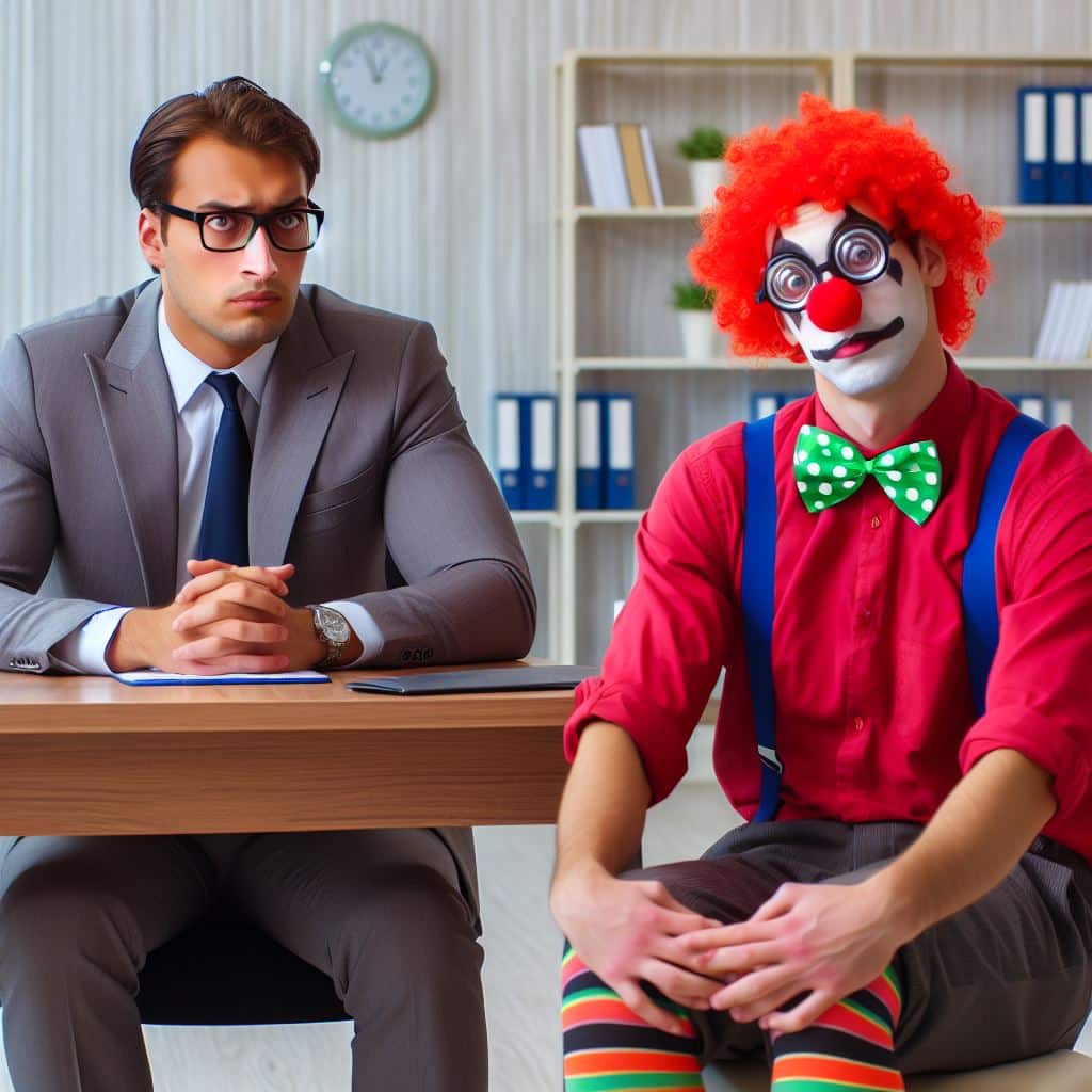 Serious businessman in gray suit sits beside clown in red shirt with green polka dot bow tie in office, digital marketing context.