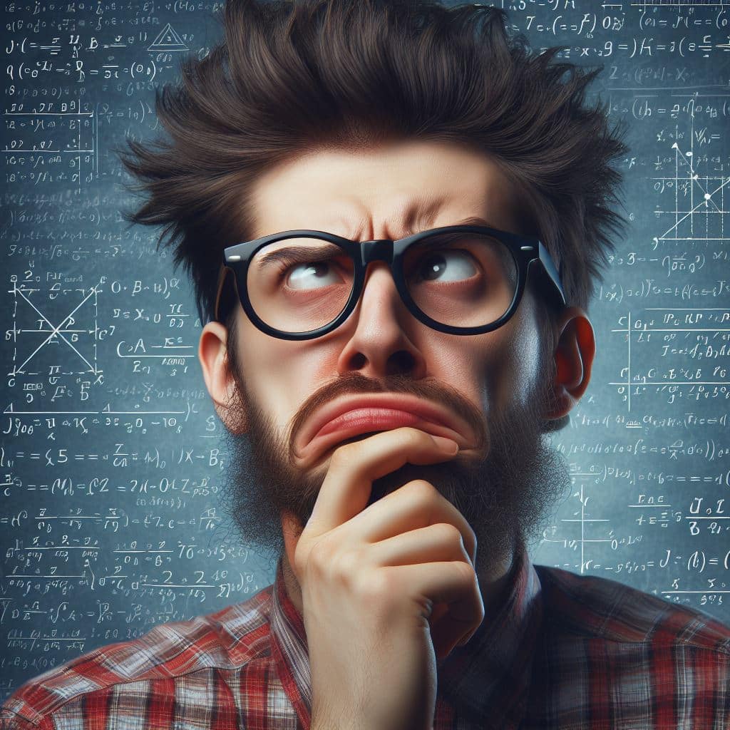 Focused man in plaid shirt thinking in front of math formulas on blue background, representing strategic digital marketing analysis.