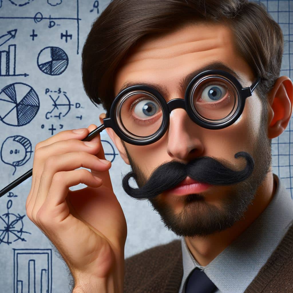 Man in brown suit holding pen near face with graphs and charts on blue background, representing digital marketing concepts.