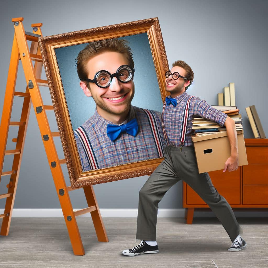 Man moves framed photo while carrying box of books; digital marketing concept highlighting creative design and strategy