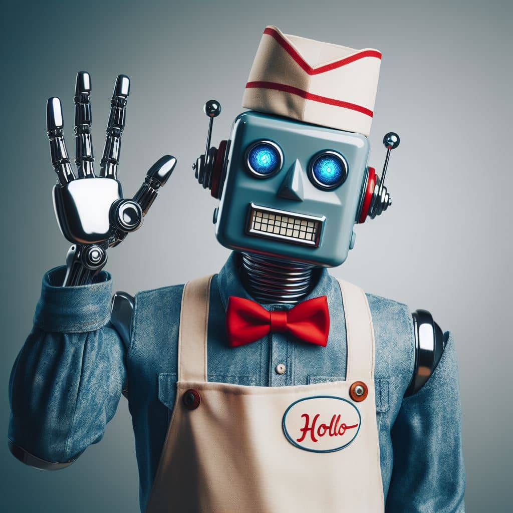 Retro-style robot with red bow tie wearing apron and hat, waving in a friendly greeting. Digital marketing theme concept.