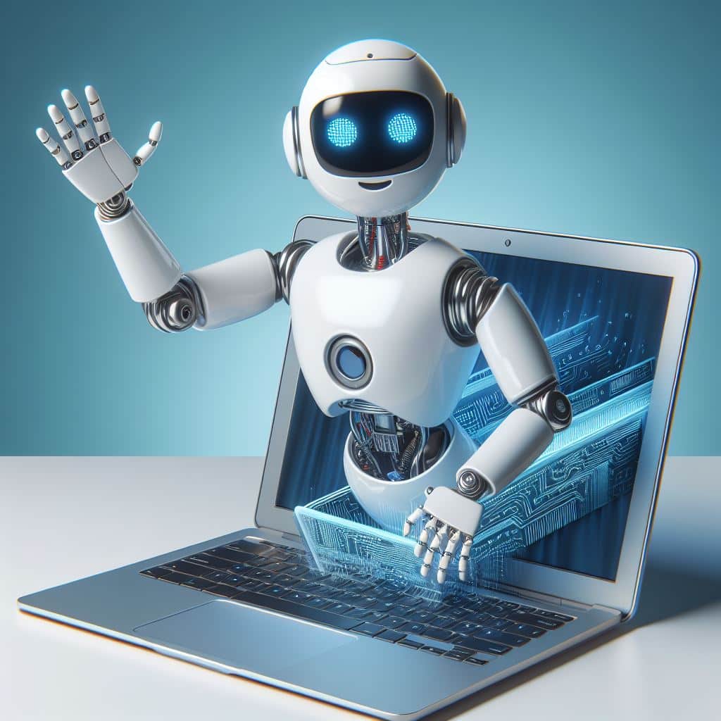 White AI robot with blue face emerges from laptop screen, futuristic tech concept by MIL Main.