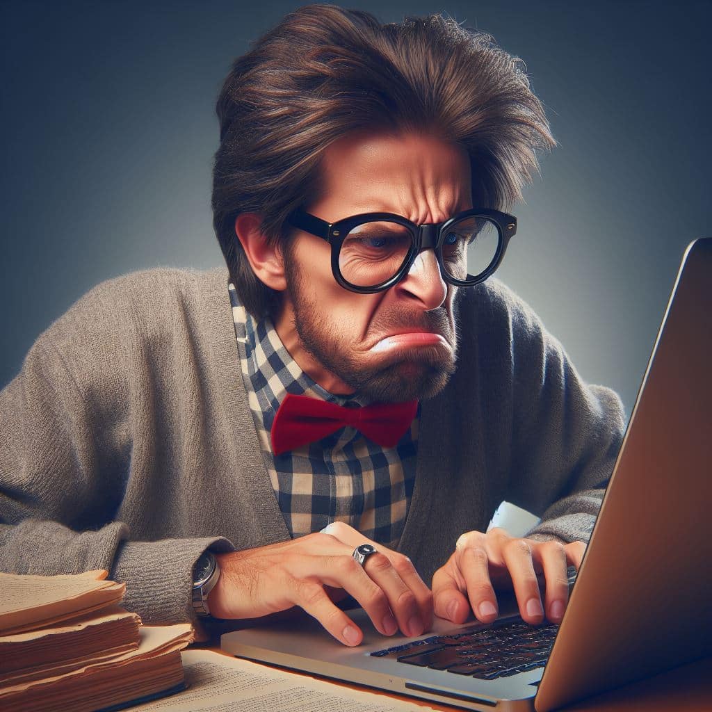 Focused marketer in gray sweater, red bow tie, using a laptop on desk with paperwork, symbolizing Make It Loud Digital Marketing.