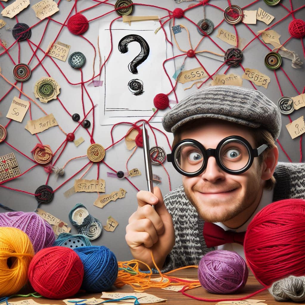 Man in a hat with yarn balls, a question mark, and pinned notes connected by red threads; concept for creative strategy planning.